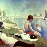 Seurat's pointillist technique, the artist paints using dots of contrasting colour to create a vibrant, luminous effect. For example, dots of orange and blue were added to the boy's hat.