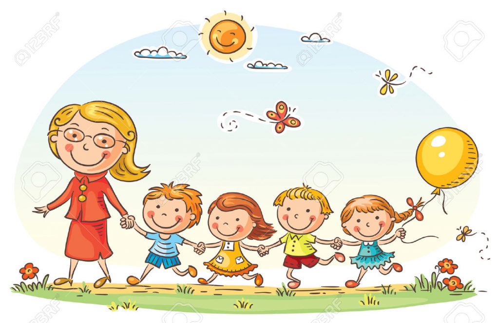 36673561-ni-os-de-dibujos-animados-y-su-profesor-en-una-caminata-en-el-jard-n-de-infantes-foto-de-archivo