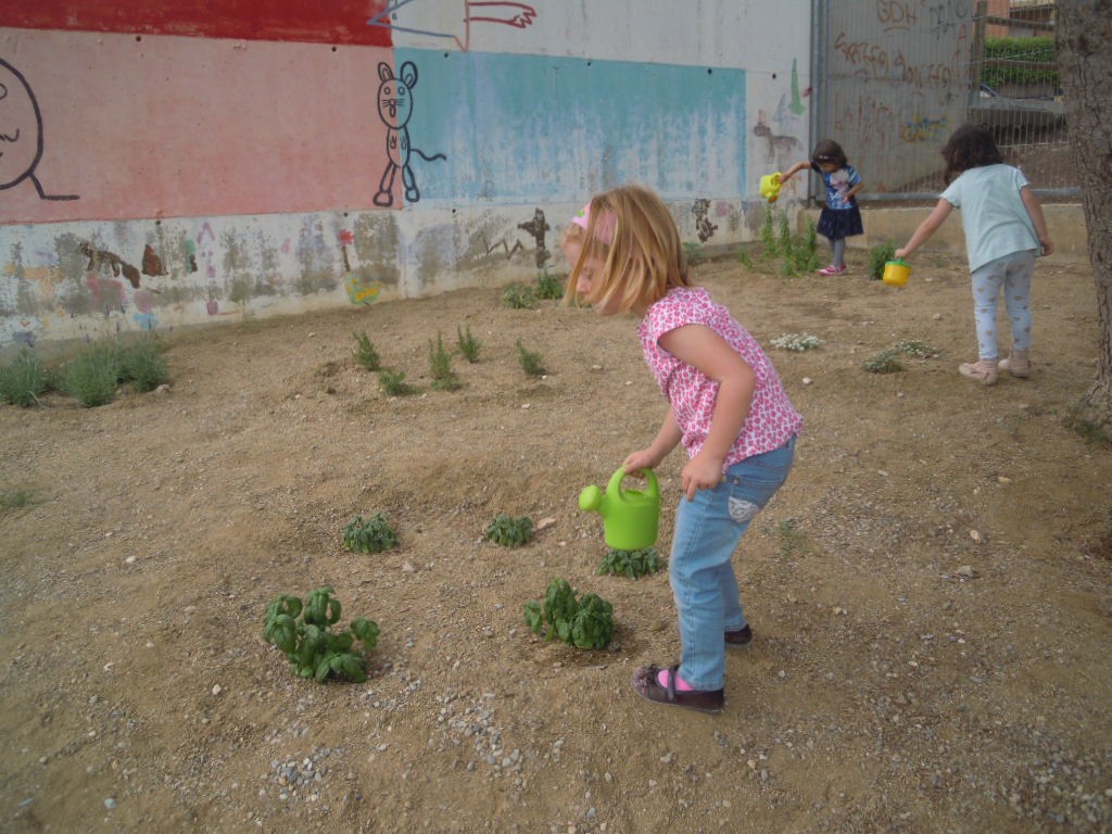 Avui els nens i nenes de P3 hem regat i decorat el nostre jardí