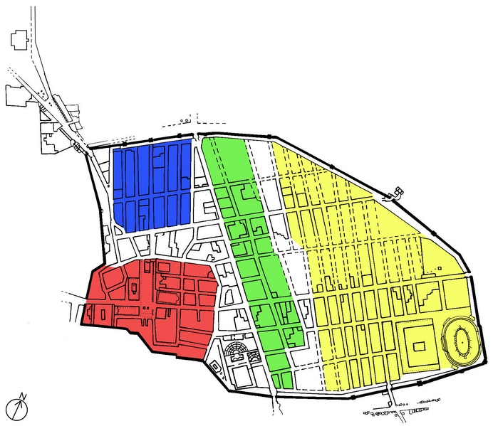 3. Fases dels assentaments a Pompeia: Vermell: primera ciutat samnita Blau: primera expansió (segle IV aC) Verd: segona expansió Groc: expansió romana, des del 89 aC