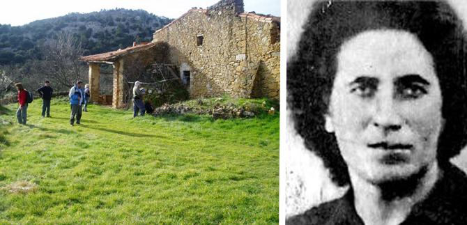 Teresa Pla, la Pastora, un dels maquis més emblemàtics del territori. A l'esquerra, el mas del mateix nom, al terme de la Pobla de Benifassà.