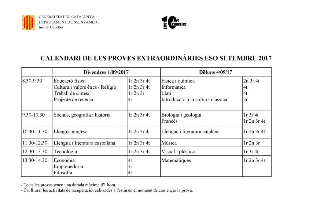 Institut Cubelles Calendari proves extraordinàries ESO setembre 17