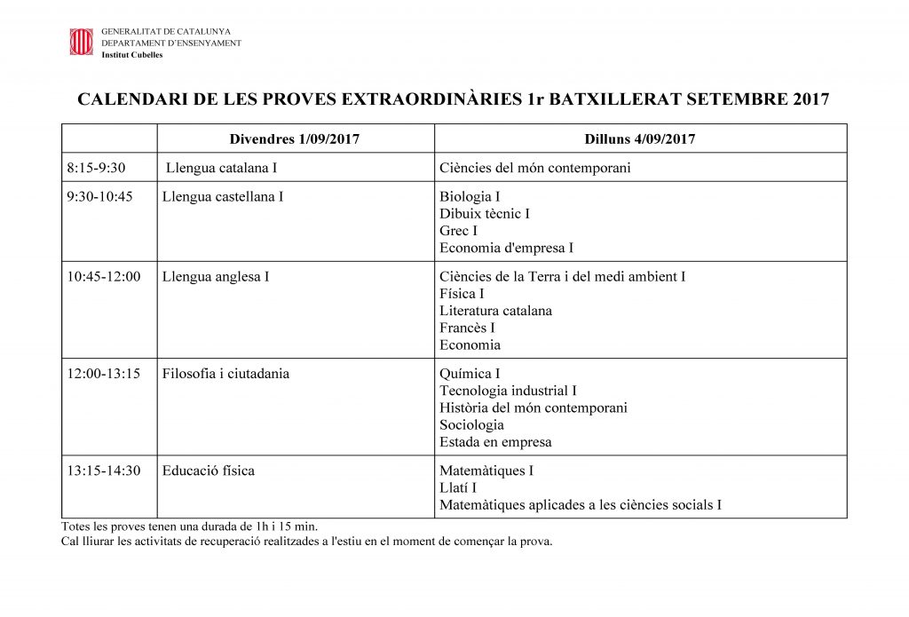 Institut Cubelles calendari proves extraordinàries 1rbatxillerat set17