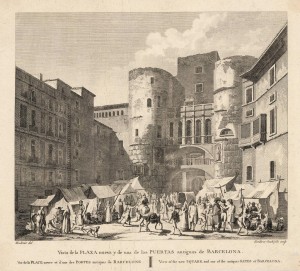 Vista de la Plaça Nova i una de les portes antigues de Barcelona (~ 1820)