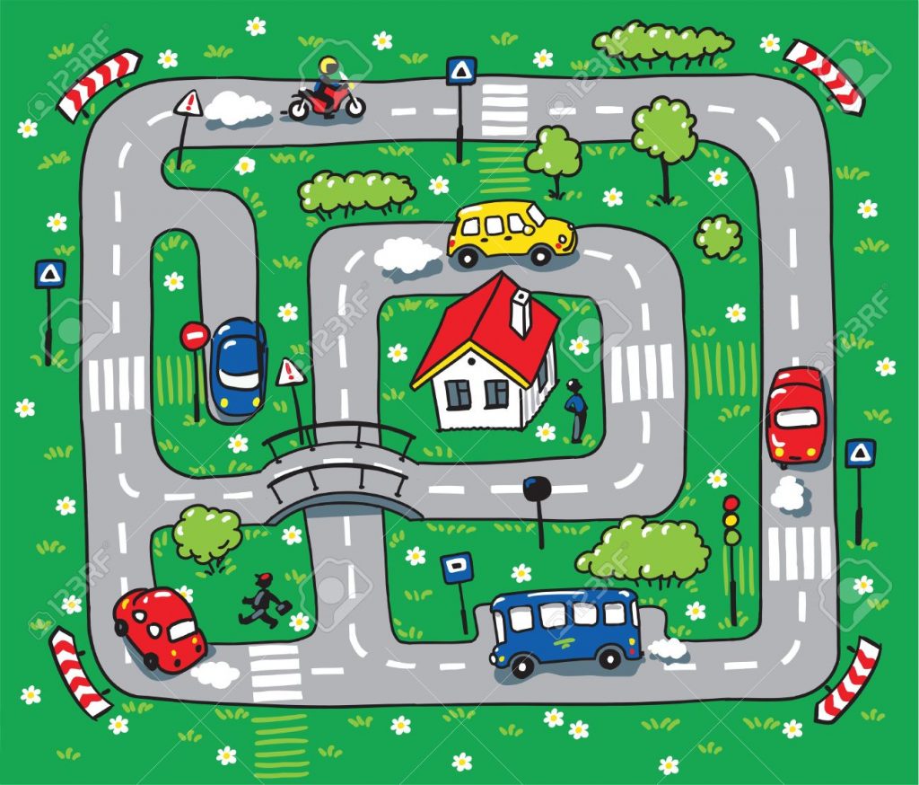 34964456-Ilustraci-n-vectorial-de-ni-os-laberinto-de-caminos-zonas-de-c-sped-byilding-y-coches-Foto-de-archivo