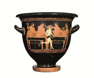 Crater àtic de campana amb una escena de komos. Atribuïda al Pintor de Kleophon. 440-430 aC. Museum of Cycladic Art © Nicolas and Dolly Goulandris Foundarion. Museum of Cycladic Art