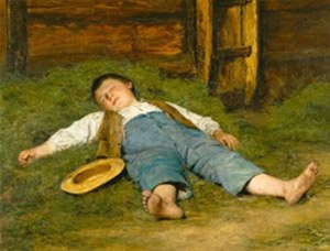 Albert Anker. Nen dormint sobre el fenc, 1897. 
