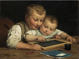 Albert Anker. Ensenyant a escriure, 1882.
