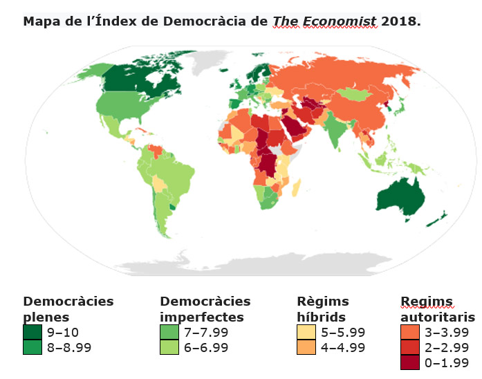 Mapa de l’Índex de Democràcia de The Economist 2018.