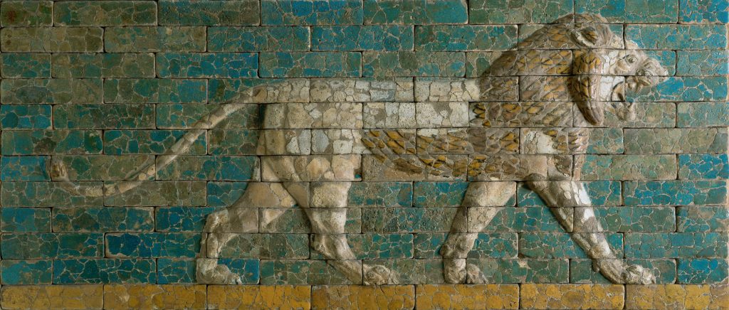 Working Title/Artist: Panel: striding lionDepartment: Ancient Near EastCulture/Period/Location: South, Neo-Babylonian period, r. of Nebuchadnezzar IIHB/TOA Date Code: 04Working Date: 604-562 B.C.E. photography by mma, Digital File DT892_in_prog.psd retouched by film and media (phc & jnc) 1_26_11