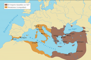 Aquest mapa polític-històric representa el territori bizantí i les seves annexions.