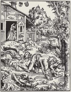 Werewolf, Wooodcut, 162 × 126 mm-Grabado medieval donde se muestra a un Hombre lobo-Lucas Cranach el Vell (1472–1553)